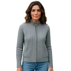 Leo & Nicole Petite Size Petite Large Gray Cable Knit Front Zip Cardigan